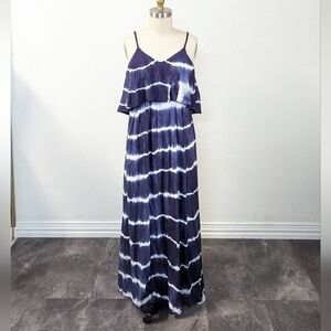 goa Tie Dye Maxi Dress Blue White L beach summer bohemian hippie 70s casual
